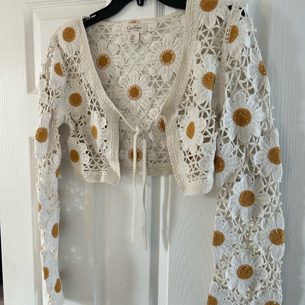 Jessica Simpson Cream and Gold Flower Crochet Cardigan